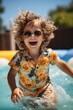 Leinwandbild Motiv Happy kid boy playing in the pool on a hot summer day. Generative AI