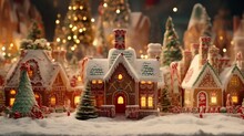 A Festive Gingerbread House Surrounded By Beautifully Decorated Christmas Trees