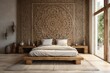 A Moroccan wall hanging serves as an enchanting focal point above a wooden bed, capturing the essence of bohemian or eclectic interior design in a modern bedroom.