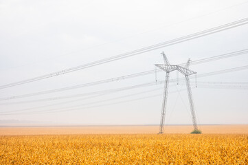 Power system line tower in the field landscape