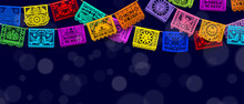 Mexican Cinco De Mayo Papel Picado Paper Cut Garland Flags With Bokeh Light. Vector Background, Bursting With Intricate, Colorful Paper Cutouts, Sets The Perfect Atmosphere For A Lively Celebration