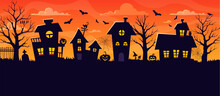 Halloween Town Silhouette Of Night City Street Landscape. Vector Houses With Trick Or Treat Holiday Pumpkins, Spooky Bats And Cemetery Tombstone, Creepy Trees, Cat, Spider Web On Sunset Sky Background