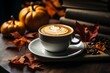 Autumn cozy background, cup of a pumpkin coffee with autumn leaves. Coffee beans, table layout