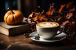 Autumn cozy background, cup of a pumpkin coffee with autumn leaves. Coffee beans, table layout