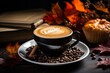 Autumn cozy background, cup of a pumpkin coffee with autumn leaves. Muffin with coffee beans