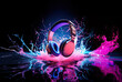 Headphones over Neon splashing wih vibrant colours, dynamic music blaster