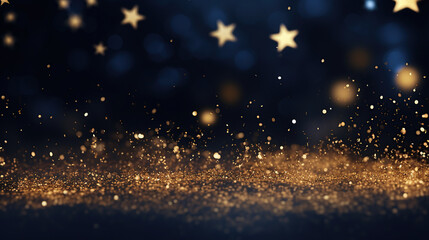 Abstract navy background and gold shine stars. New year, Christmas background with gold stars and sparkling. Christmas Golden light shine particles bokeh on navy background. Gold foil texture.