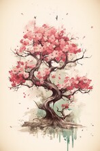 Generative AI, Beautiful Japanese Sakura Tree, Watercolor Painting, Vintage Asian Poster