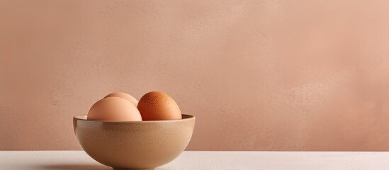 Isolated photo of a brown egg in a white bowl on a isolated pastel background Copy space