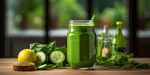 Wall Mural - green smoothie made from vegetables and fruits on a wooden table in the home kitchen. healthy eating and self-care. 