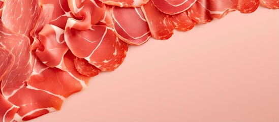 Canvas Print - Cured meat slices on a isolated pastel background Copy space above view with copy space