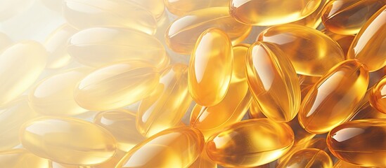 Stack of omega 3 capsules in pile background Close up of large golden pills texture Daily health supplement Top view copy space isolated pastel background Copy space