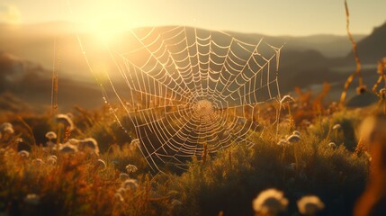 A spider web glistening in the sunlight in a vast open field