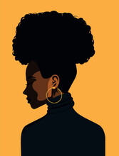 Vector Avatar Icon African American Afro Woman Curly Hair Standing Sideways For Social Network. Activist. Feminism. Portrait. Vector Flat Illustration. Simple Style