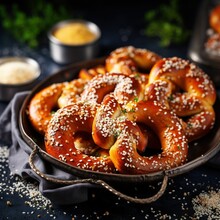 Homemade Whole Meal Pretzels With Sesame And Salt On Basket On Wood Table

