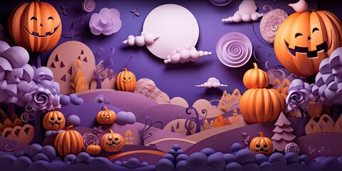 Wall Mural - purple background with cartoon halloween in colorful clouds and pumpkins Generative AI