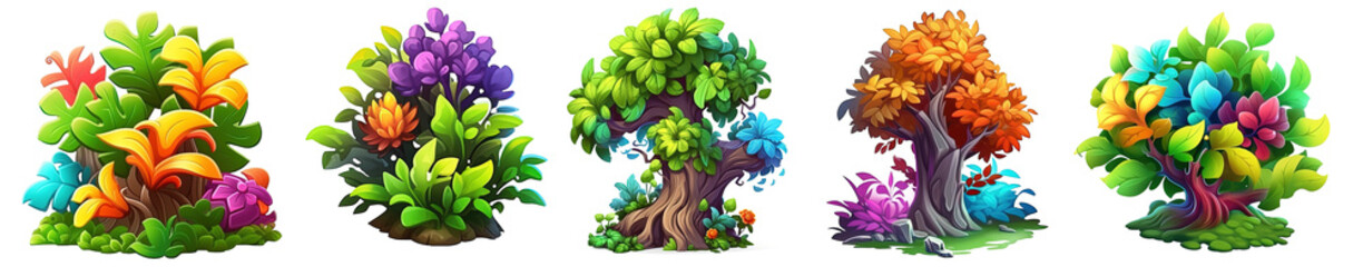 a group of colorful tropical trees, and colored bushes 3d cartoon clipart isolated on transparent background