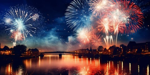 Wall Mural - Colorful Fireworks at Night with River View in the Middle of the City. New Year Celebration