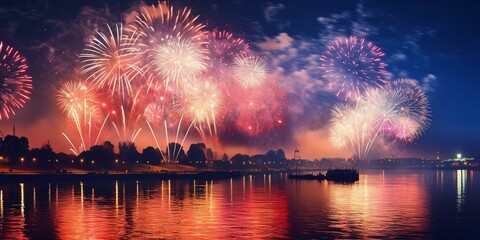 Wall Mural - Colorful Fireworks at Night with River View in the Middle of the City. New Year Celebration