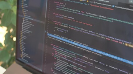 Closeup coding on screen, coding html and programming on screen laptop, development web, developer. Software, technology, startup concept. Online business, freelance distant work. Cyber security