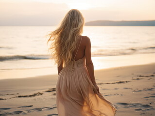 Wall Mural - Outdoor fashion portrait of beautiful sensual lady wearing stylish maxi chiffon dress posing at sunset in the beach, have long blonde hairs bright make up and accessorizes