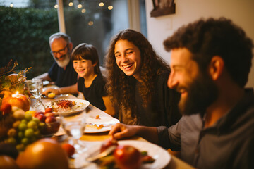 Wall Mural - Families gathered for a communal Rosh Hashanah meal, sharing stories and passing on traditions to the next generation.