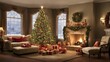 Christmas background of a beautifully decorated, cozy home living room in the Holiday season with a festive Christmas tree as the centerpiece, a fireplace and presents, Generative AI technology