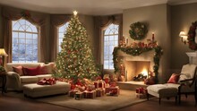 Christmas Background Of A Beautifully Decorated, Cozy Home Living Room In The Holiday Season With A Festive Christmas Tree As The Centerpiece, A Fireplace And Presents, Generative AI Technology