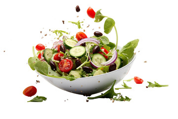 Wall Mural - Fresh Greek salad ingredients dropped into bowl on a white background studio shot