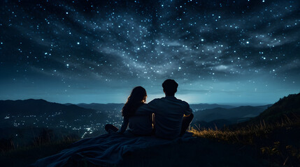 intimate view of a couple on a hill stargazing and pointing out star constellations