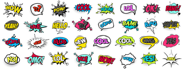 Poster - Comics speech bubble collection with halftone. Cartoon comics bubble elements. Set of comic bubble speech clouds