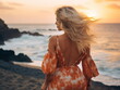 © duyina1990 - Outdoor fashion portrait of beautiful sensual lady wearing stylish maxi chiffon dress posing at sunset in the beach, have long blonde hairs bright make up and accessorizes