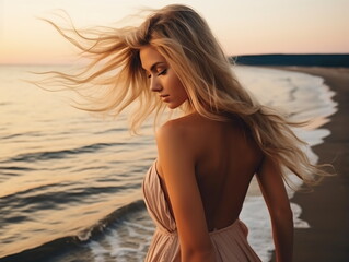 Wall Mural - Outdoor fashion portrait of beautiful sensual lady wearing stylish maxi chiffon dress posing at sunset in the beach, have long blonde hairs bright make up and accessorizes