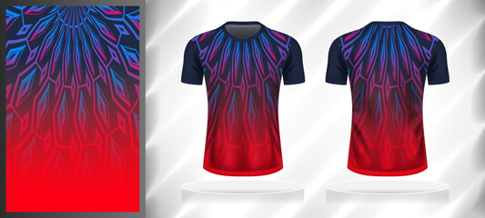 Wall Mural - Vector sport pattern design template for V-neck T-shirt front and back with short sleeve view mockup. Dark and light shades of blue-red color gradient abstract geometric line texture background.