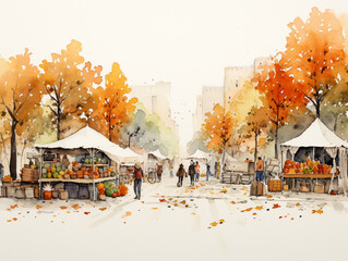 Wall Mural - A Minimal Watercolor of a Bustling Farmers' Market with Stalls Full of Autumn Produce