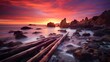Long exposure of a beautiful sunset over a rocky beach, long exposure