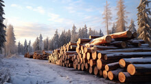 Logs Stacked In The Forest In Winter