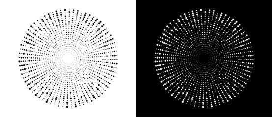 Poster - Circle with halftone black dots as advertising background or logo or icon. A black figure on a white background and an equally white figure on the black side.