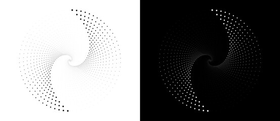 Wall Mural - Circle with halftone black dots as advertising background or logo or icon. A black figure on a white background and an equally white figure on the black side.