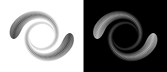 Abstract background with wavy lines in spiral. Art design spiral as logo or icon. A black figure on a white background and an equally white figure on the black side.