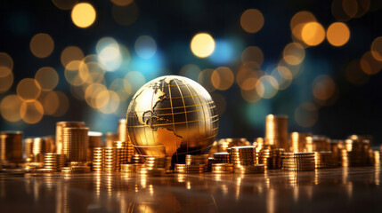 Wall Mural - Close up of gold coins on table.3d gold globe. Stock market financial concept.