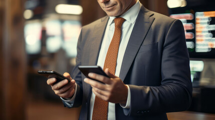 Wall Mural - Businessman holding smartphone. Stock trade, financial concept.