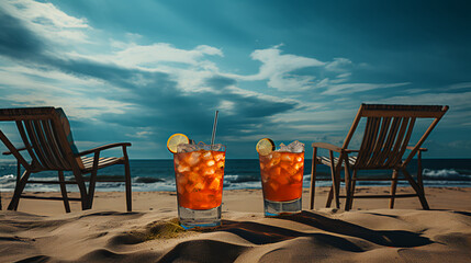 Wall Mural - Drinks -beach chairs - cloudy skies 