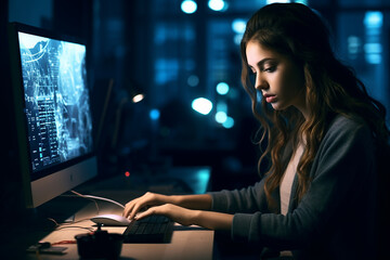 young girl programmer writing code on the keyboard in the office space at night