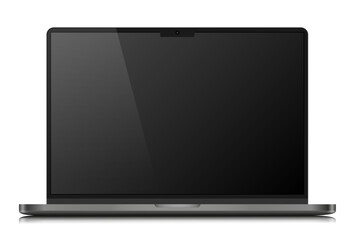 Fototapete - A laptop with an empty black matte screen on a white background. Realistic layout of a modern laptop with a dark metal case and reflection. Vector illustration.
