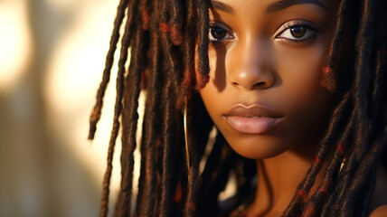 Wall Mural - Portrait of beauty african american woman with perfect healthy glow skin facial and dreadlocks looking at the camera.
