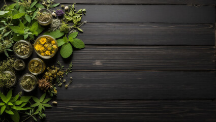 Wall Mural - Natural herbal plant medicine over black wooden table background. Backdrop with copy space