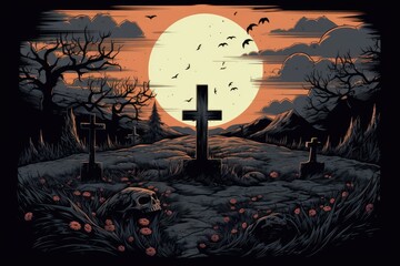 Wall Mural - halloween grave in front of a full moon Generative AI