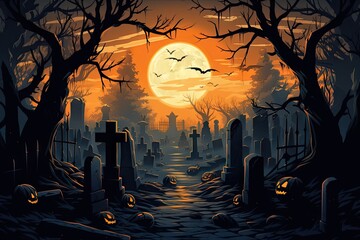 Wall Mural - halloween grave yard with cemetery with graves and a full moon Generative AI