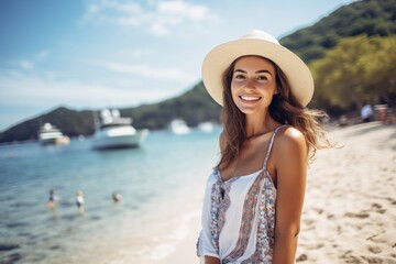 Wall Mural - a beautiful female tourist on holiday on a beautiful beach, ai generated